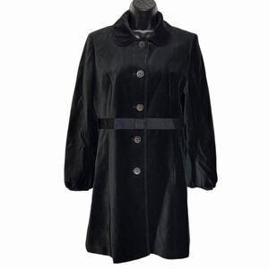 ANN TAYLOR LOFT VELVET PEA COAT BLACK RIBBON TRIM LONG JACKET CLASSIC PREPPY 6 P
